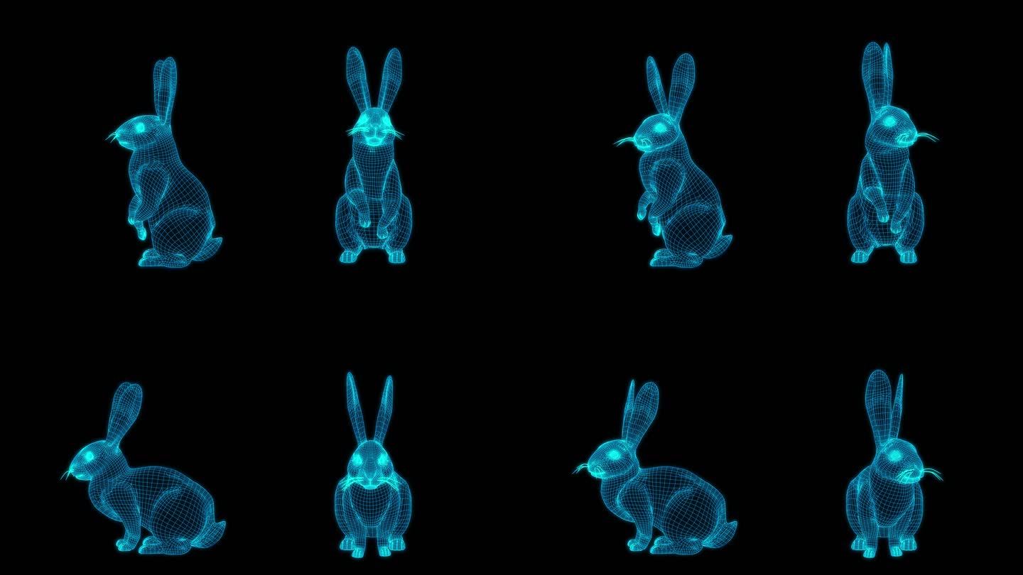 蓝色全息线框兔子动画素材带通道