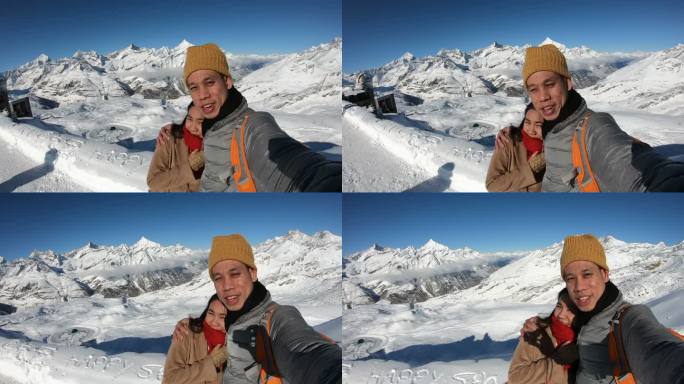 浪漫情侣携手在瑞士冰川3000号拍摄照片