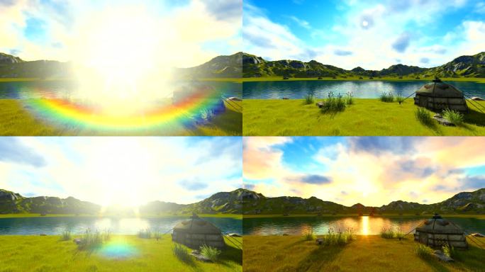 草原湖面天空太阳升起落下动画