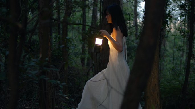 女孩提着马灯在树林行走4k视频素材