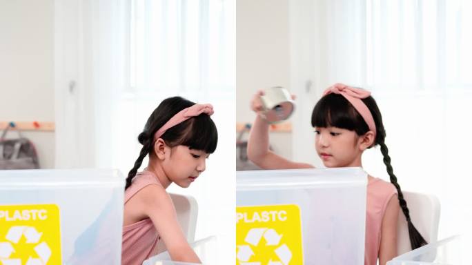 一个可爱的亚洲六岁女孩正在捡拾和分离垃圾，然后将各种材料、金属或塑料放入回收箱，而她美丽的小学老师正