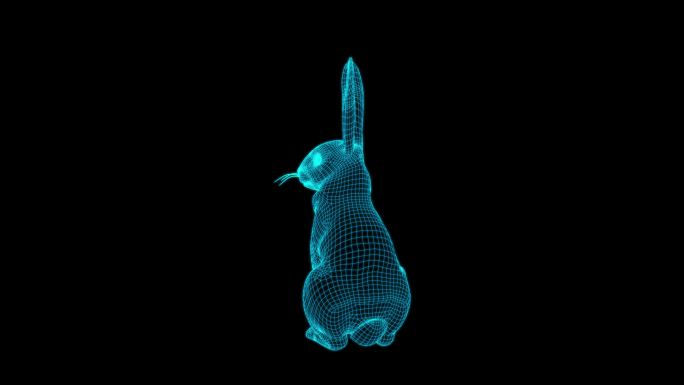 蓝色全息线框兔子动画旋转素材带通道