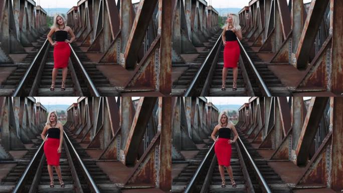 铁路桥上的年轻女子