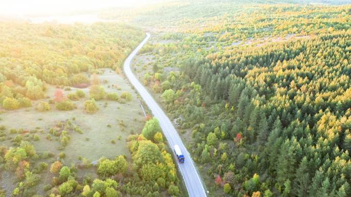 卡车森林公路秋天唯美树林多彩卡车货车