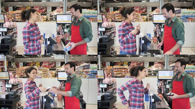 超市收银员-女性客户使用非接触式信用卡付款