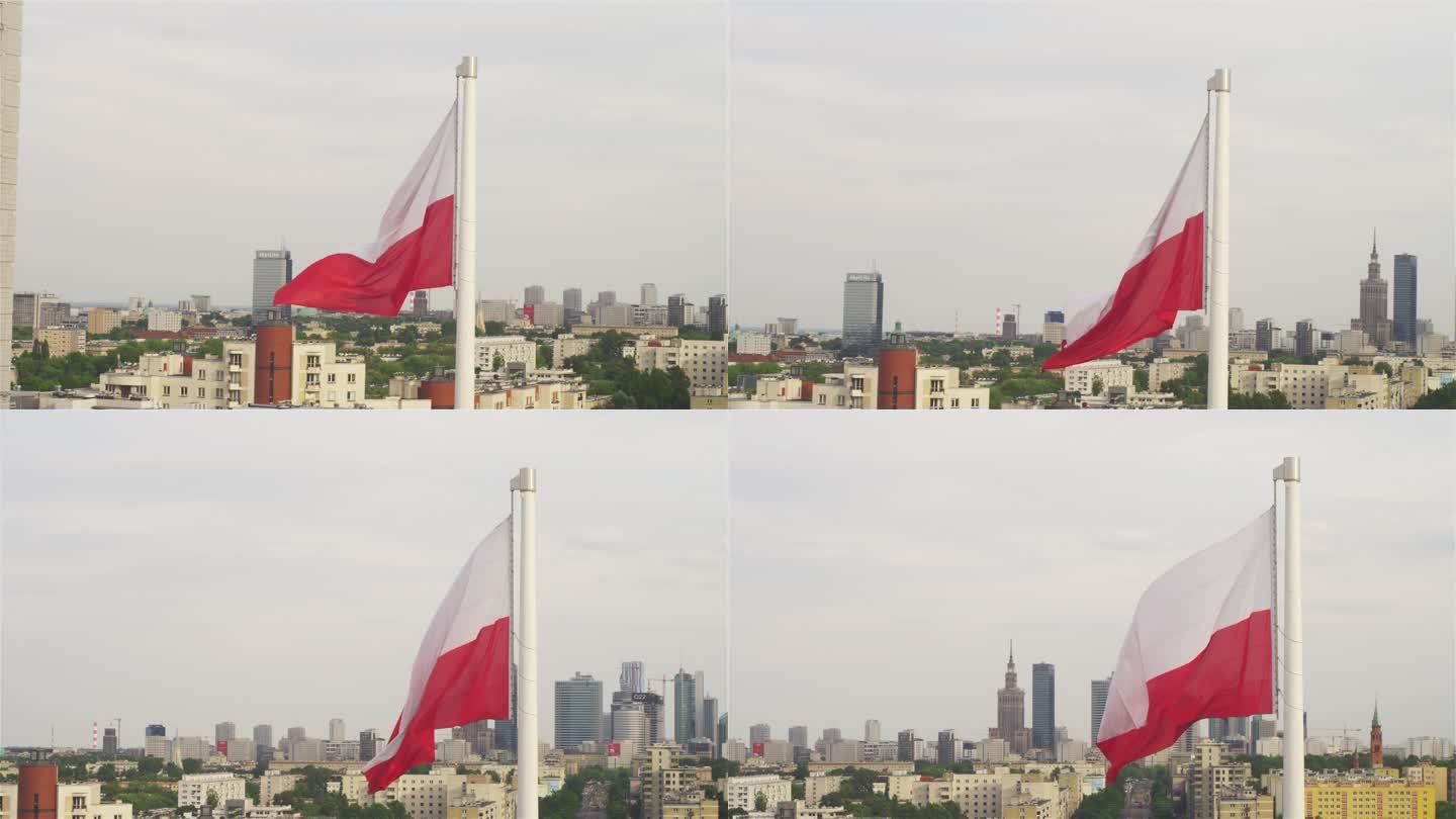 波兰国旗矗立在华沙市中心的一个大环岛上。无人机视图