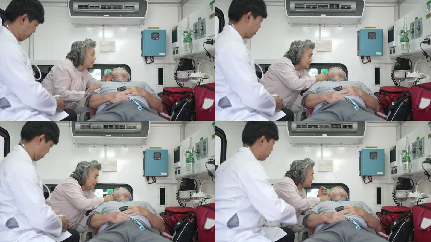 医生在救护车里检查病人。和病人的妻子一起。