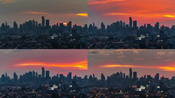 日落时分曼谷城市景观天际线的时间推移