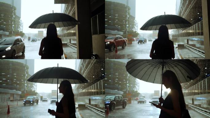 在大雨中撑着雨伞的孤独、悲伤的女商人