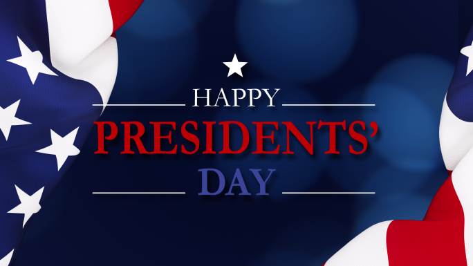 总统日概念——总统日快乐致辞坐在深蓝博凯背景上，在波纹美国国旗后面