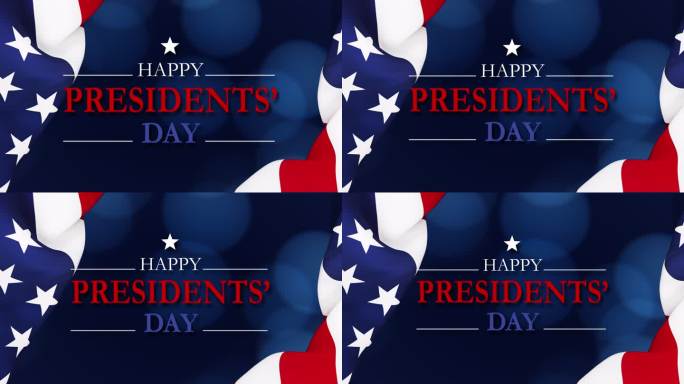 总统日概念——总统日快乐致辞坐在深蓝博凯背景上，在波纹美国国旗后面