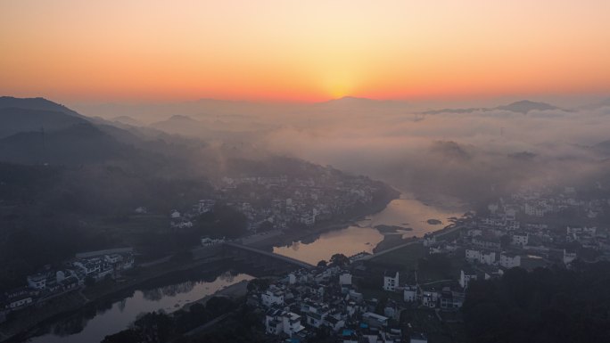 【4K】徽州歙县古城的清晨云海日出延时