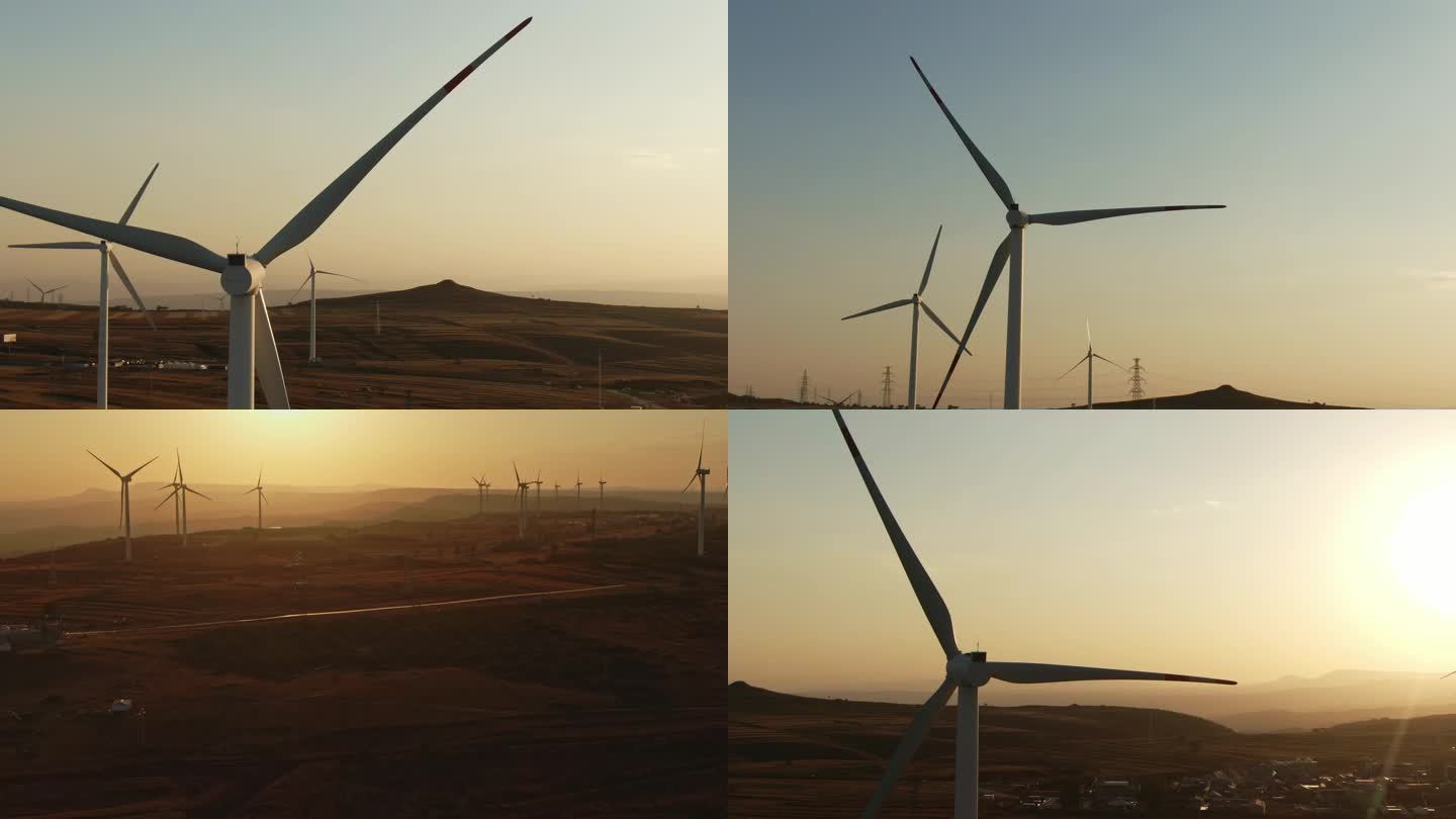 风力发电风电清洁能源草原夕阳