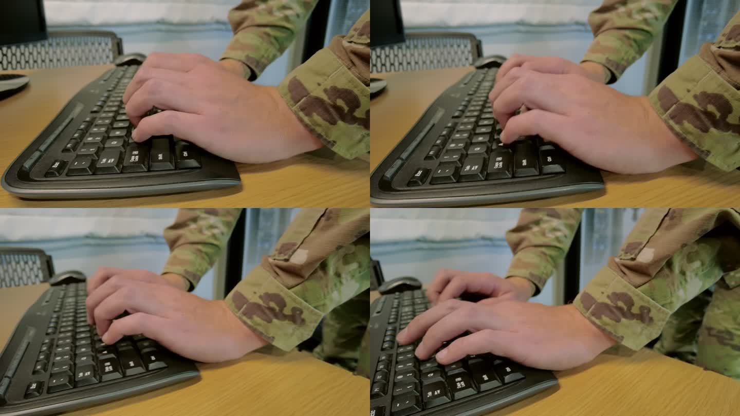国民警卫队军官在工作区伪装使用通信技术的军事人员视频系列