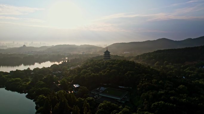 航拍杭州西湖雷峰塔日出