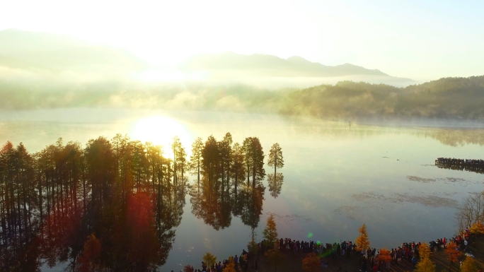 湖 黄山黟县奇墅湖 日出 水墨景色