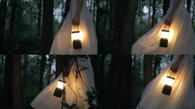 穿着白色长裙的女孩提着马灯在树林行走