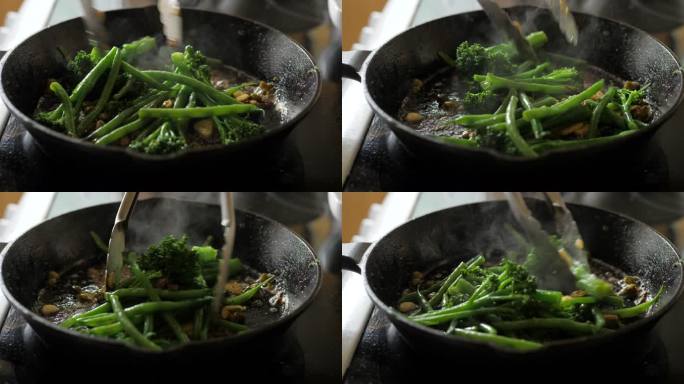 用平底锅将花椰菜茎、青豆、蒜片和马槟榔炒熟
