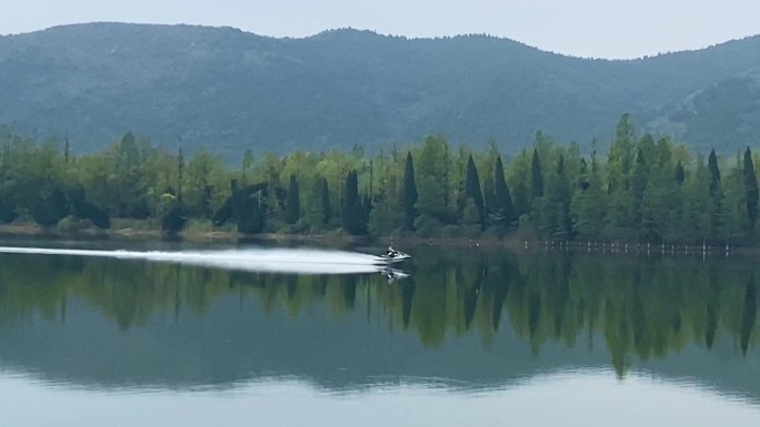 山水画卷柳树倒影摩托艇划过湖面