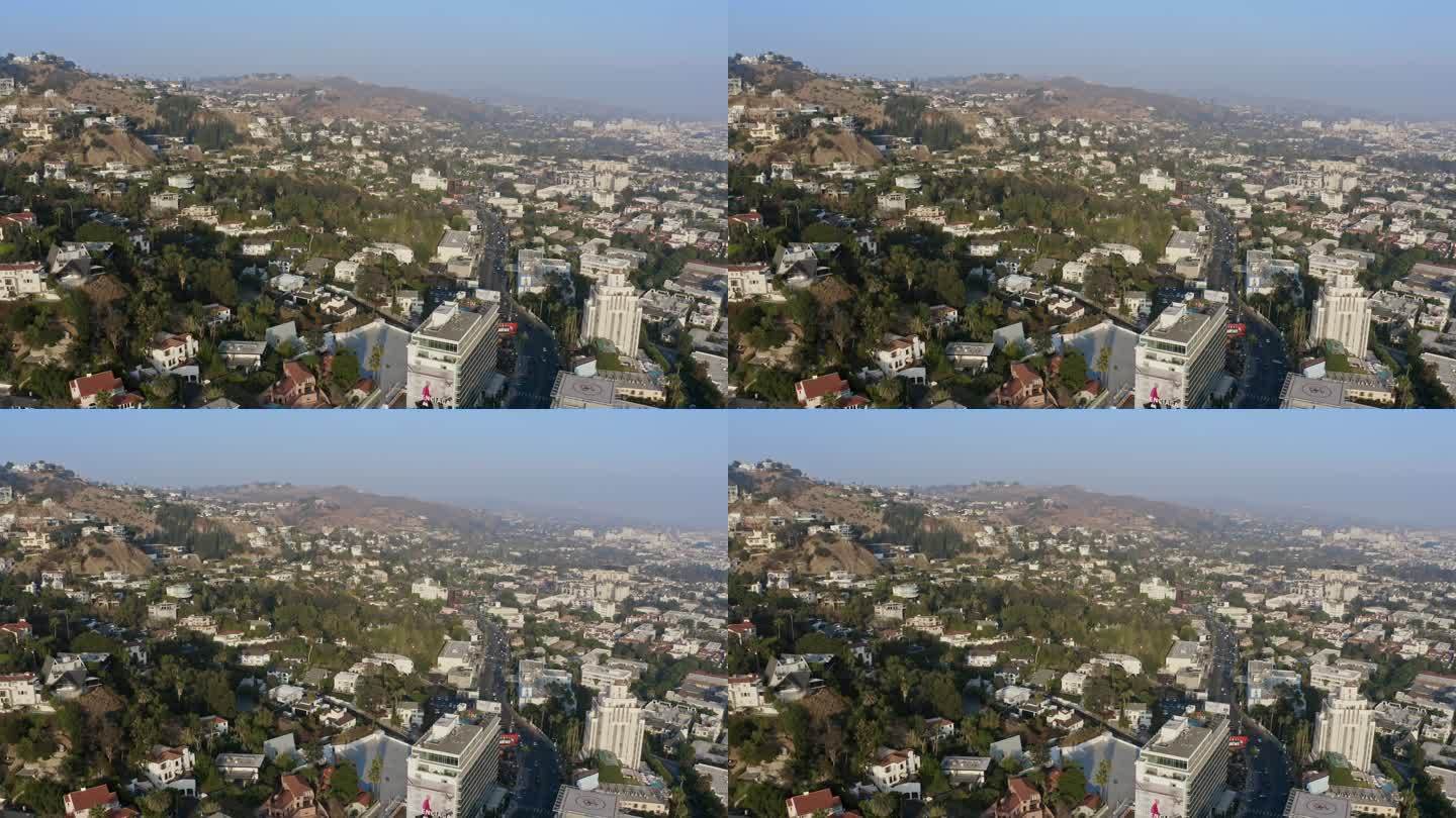 西好莱坞山鸟瞰图城市延时航拍好莱坞山航拍