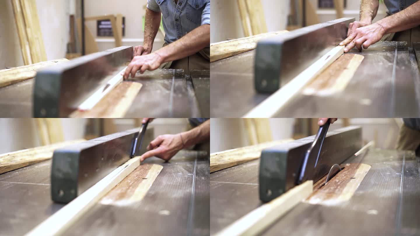 木工车间里的木匠用一根木棍穿过机器。
