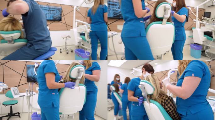 男女牙医和牙科助理小组与患者一起工作