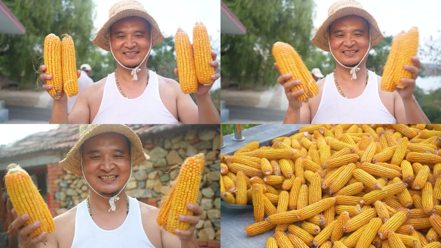玉米大丰收，农民微笑喜悦