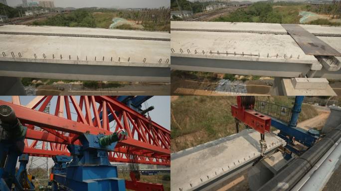 4K桥梁建设工地架桥机械移动升格空镜