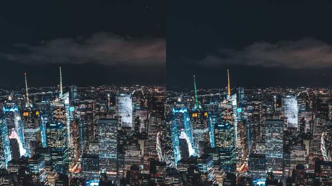 纽约曼哈顿天际线夜间T/L鸟瞰图