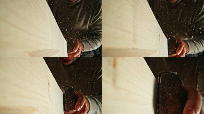SLO MO DS男用手在木工车间使用砂磨块