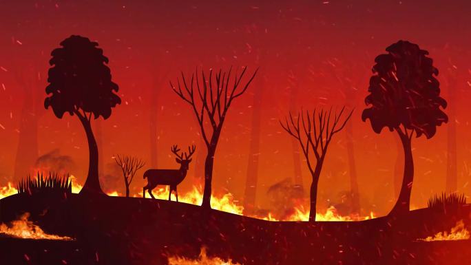 森林火灾平面矢量图。火焰和燃烧松树的概念。森林火灾景观，荒凉地形。自然生态灾害。