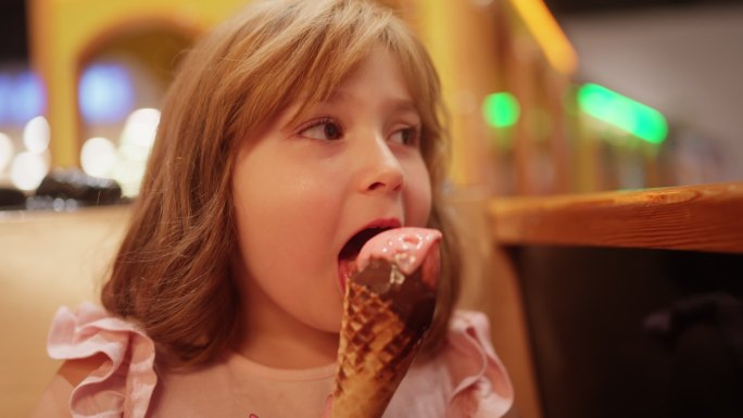 小女孩在游乐场吃冰淇淋和坐火车