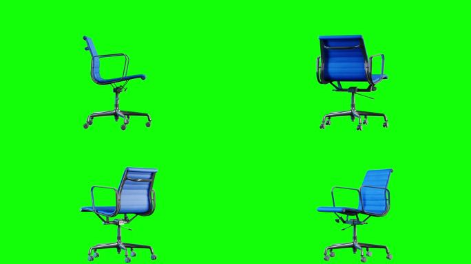 4k现代钢和蓝色皮革办公椅轮换。环色度键绿色背景。