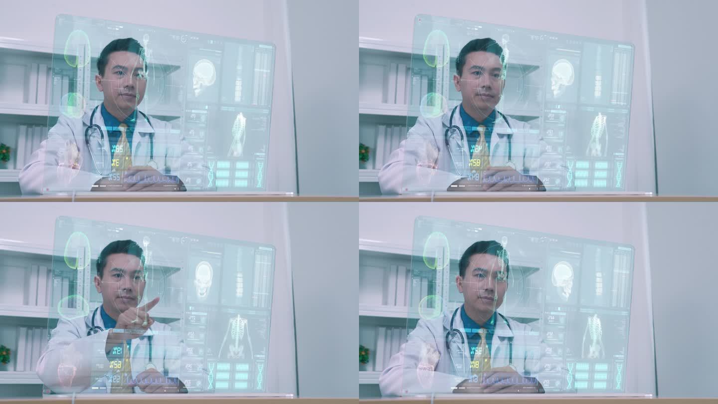 医生触摸数字监视器，带有Futuristic hud医疗屏幕数据仪表板接口4K。