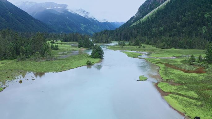 航拍西藏雨中的林芝新措湿地风景