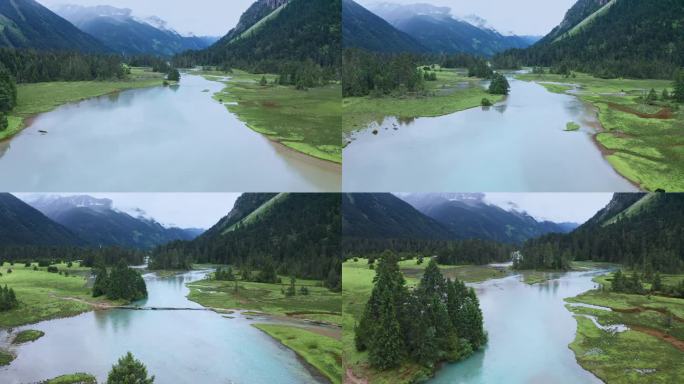 航拍西藏雨中的林芝新措湿地风景