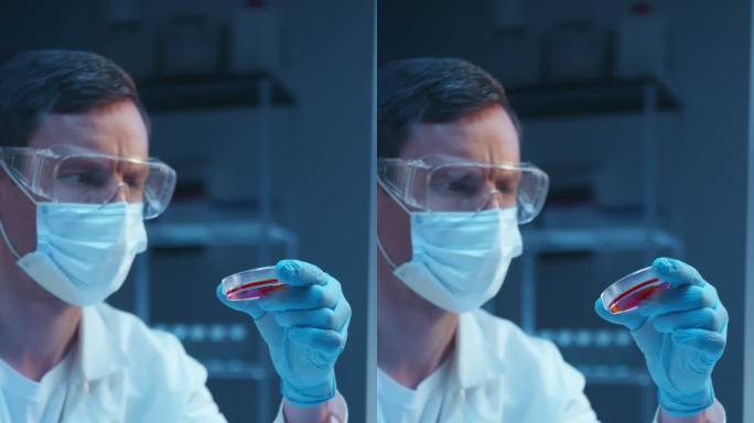 一位严肃的白人化学家穿着实验服，戴着防护口罩，在现代实验室里与皮氏培养皿一起工作，我们在特写镜头中看