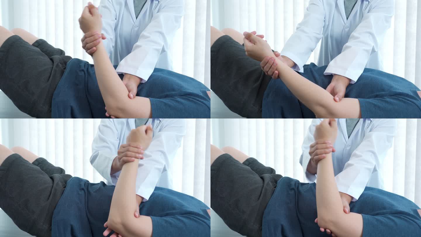 物理治疗师医生在医院对手腕检查患者进行治疗的4k视频片段
