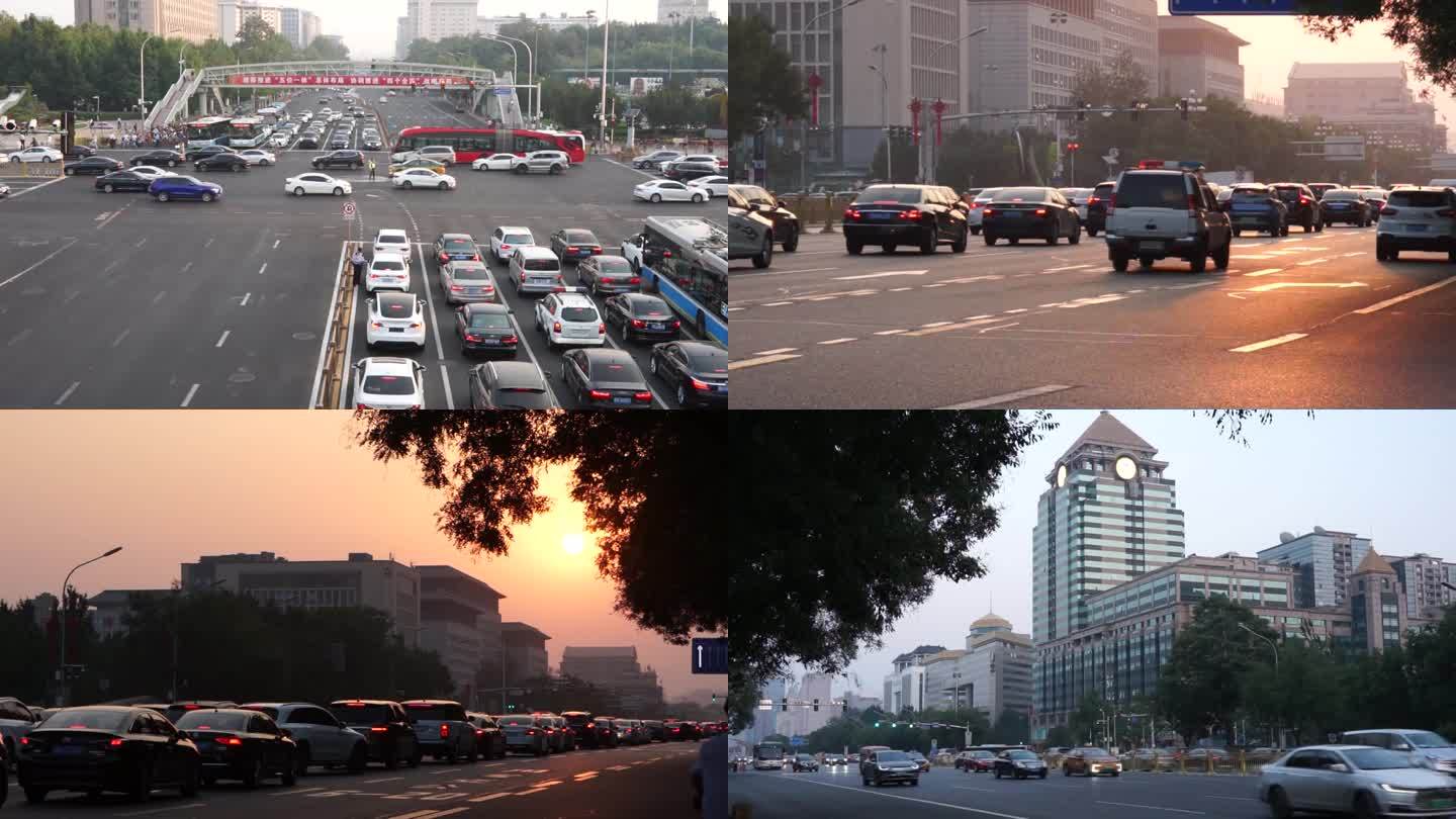 北京长安街首都北京地标王府井大街车流夕阳
