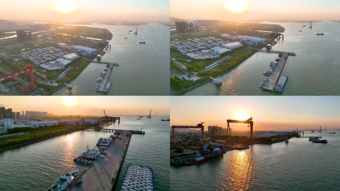 航拍夕阳下重工船厂码头港口