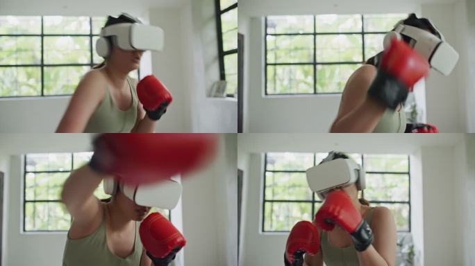 VR头戴式训练中的女子拳击运动，可在家中进行虚拟现实踢腿