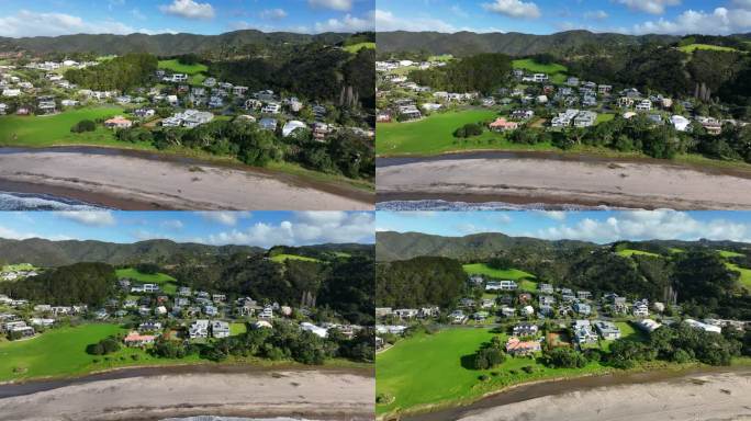 美丽的新西兰海岸线鸟瞰大海和小镇风光