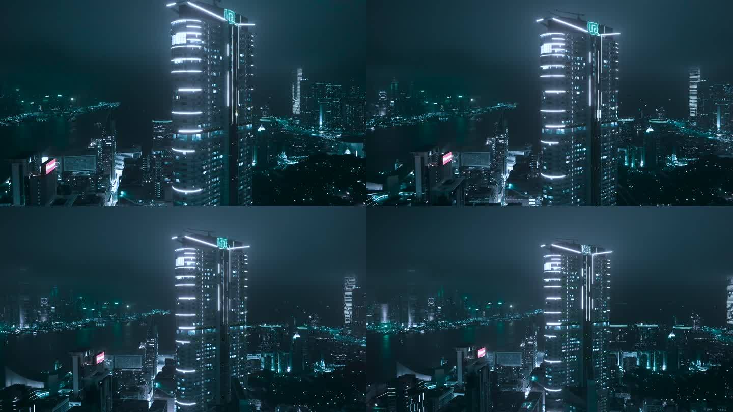 香港夜晚摩天大楼的现代玻璃画面