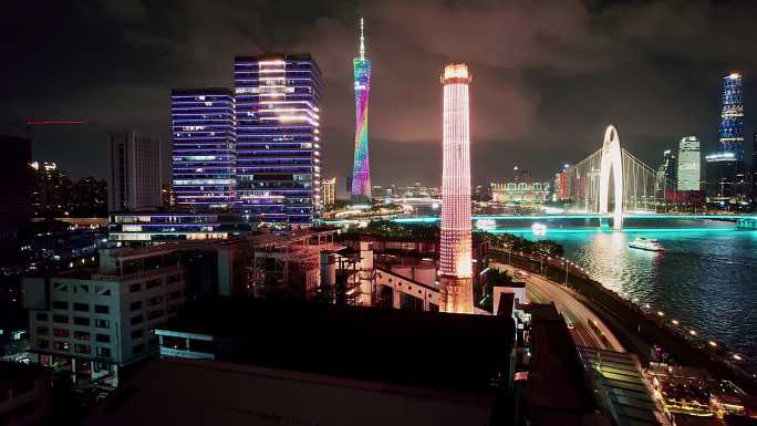 广州琶醍江边城市酒吧街夜景航拍4K视频