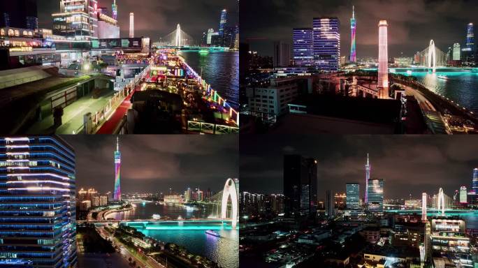 广州琶醍江边城市酒吧街夜景航拍4K视频