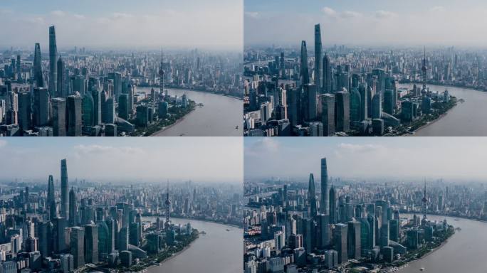 无人机拍摄：晴空下上海天际线4K鸟瞰图