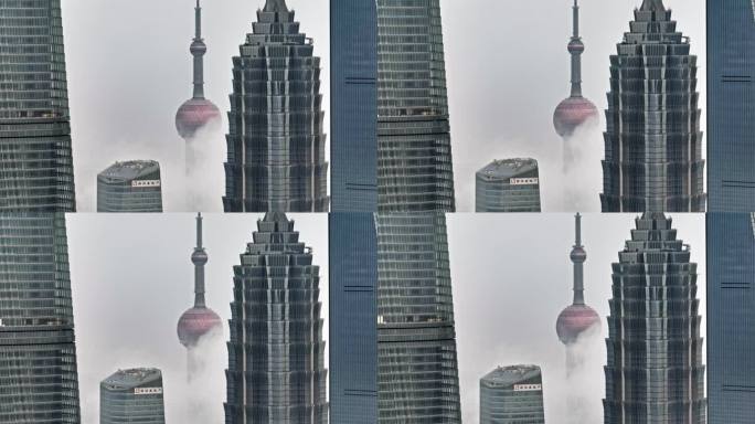 上海陆家嘴航拍长焦镜头下三件套-后拉运镜