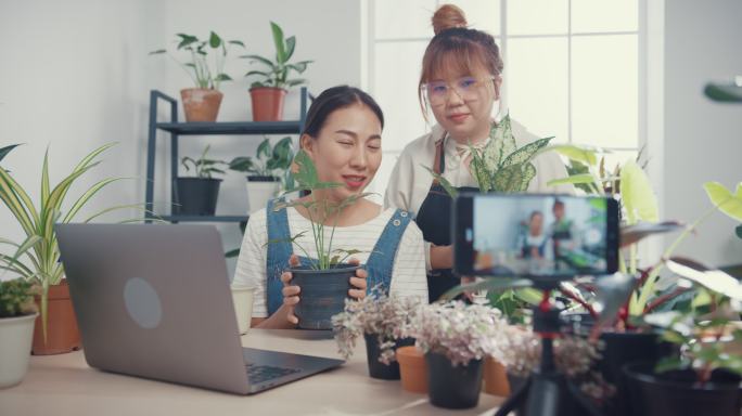 亚洲年轻女性早上在树店使用笔记本电脑接受订单并通过电话在线播放植物录制视频。