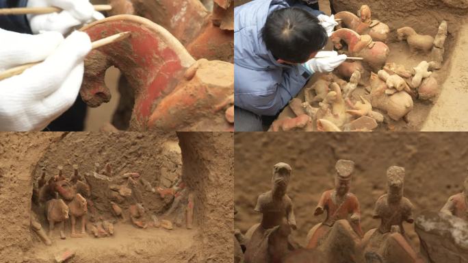 考古发掘文物现场，文物发掘，陶俑