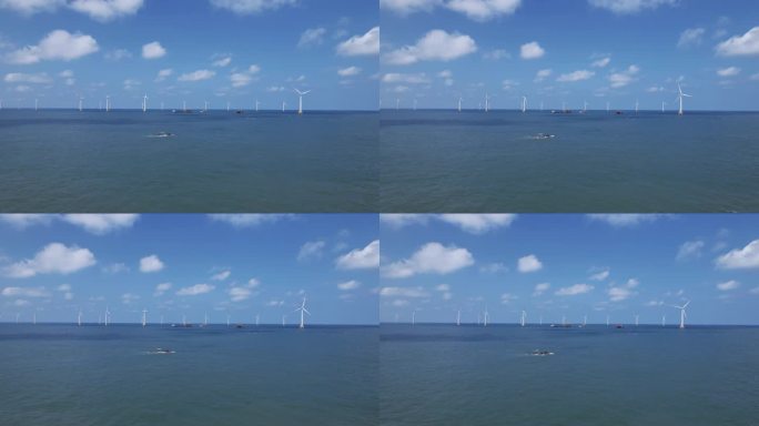 阳光明媚，远眺海上风力发电厂